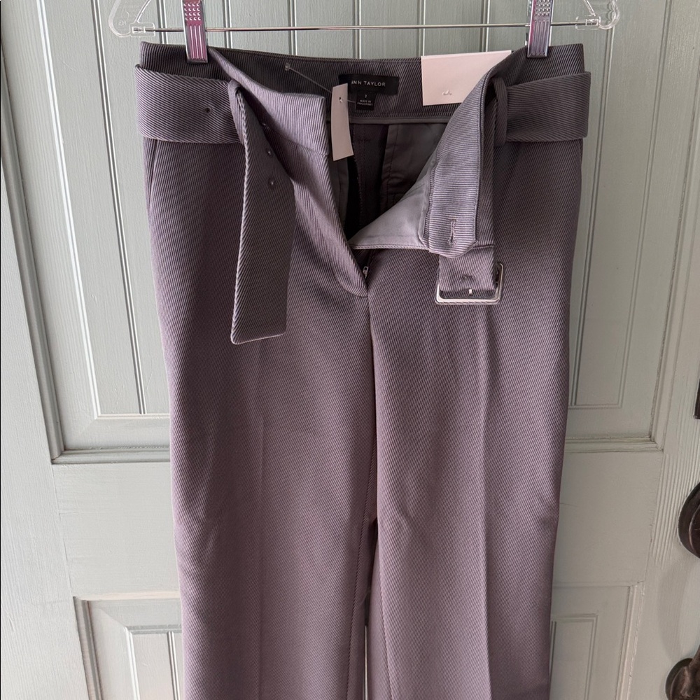 Ann Taylor Mauve-Gray Belted Wide-Leg Trousers